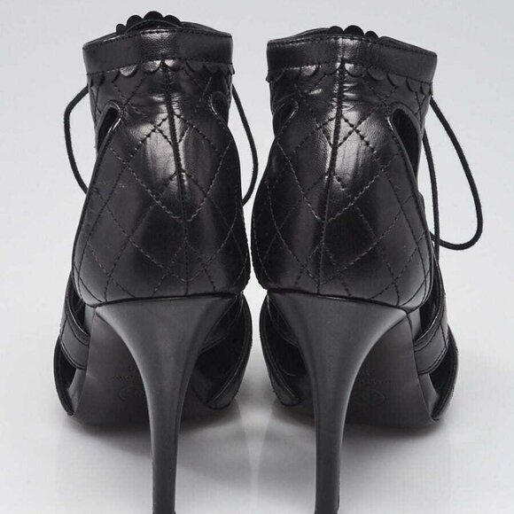 Chanel Black Quilted Leather Lace Up Cut Out Heels Size 7.5/38 - Picture 5 of 5
